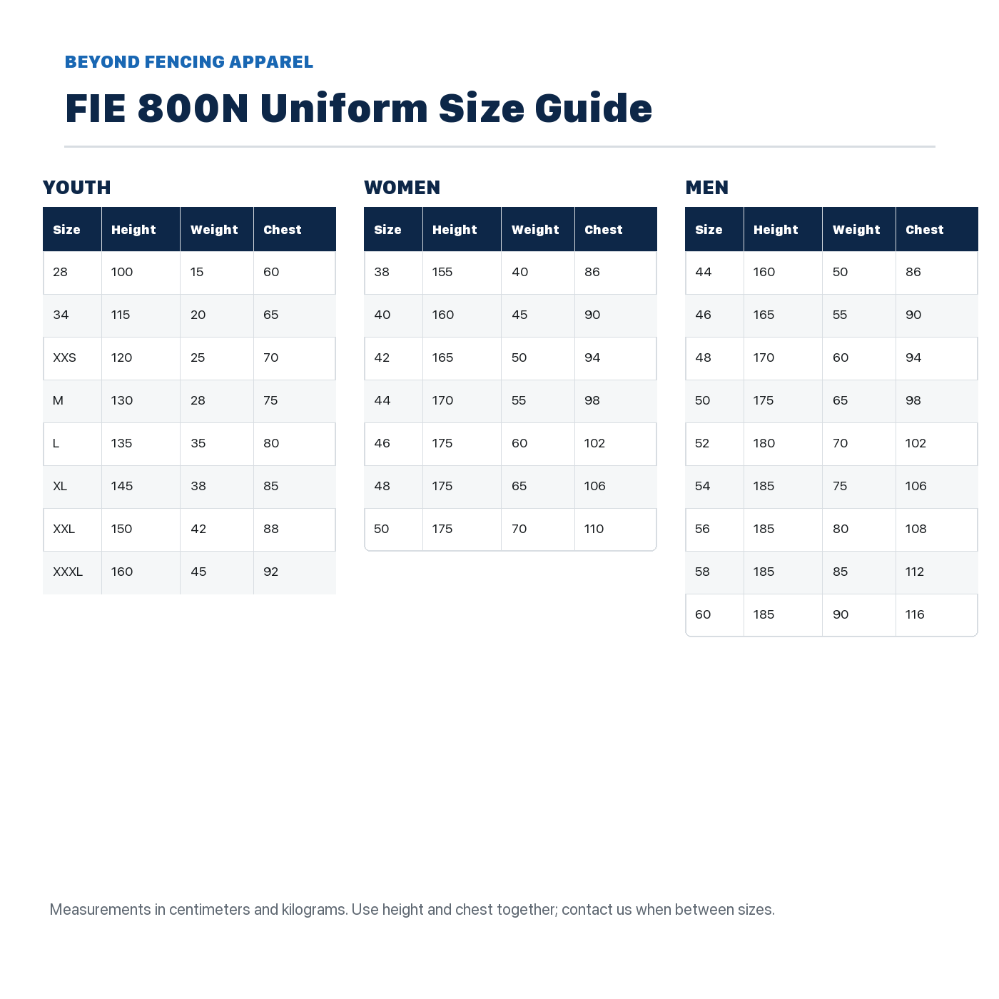 Beyond FIE 800N fencing uniform size guide
