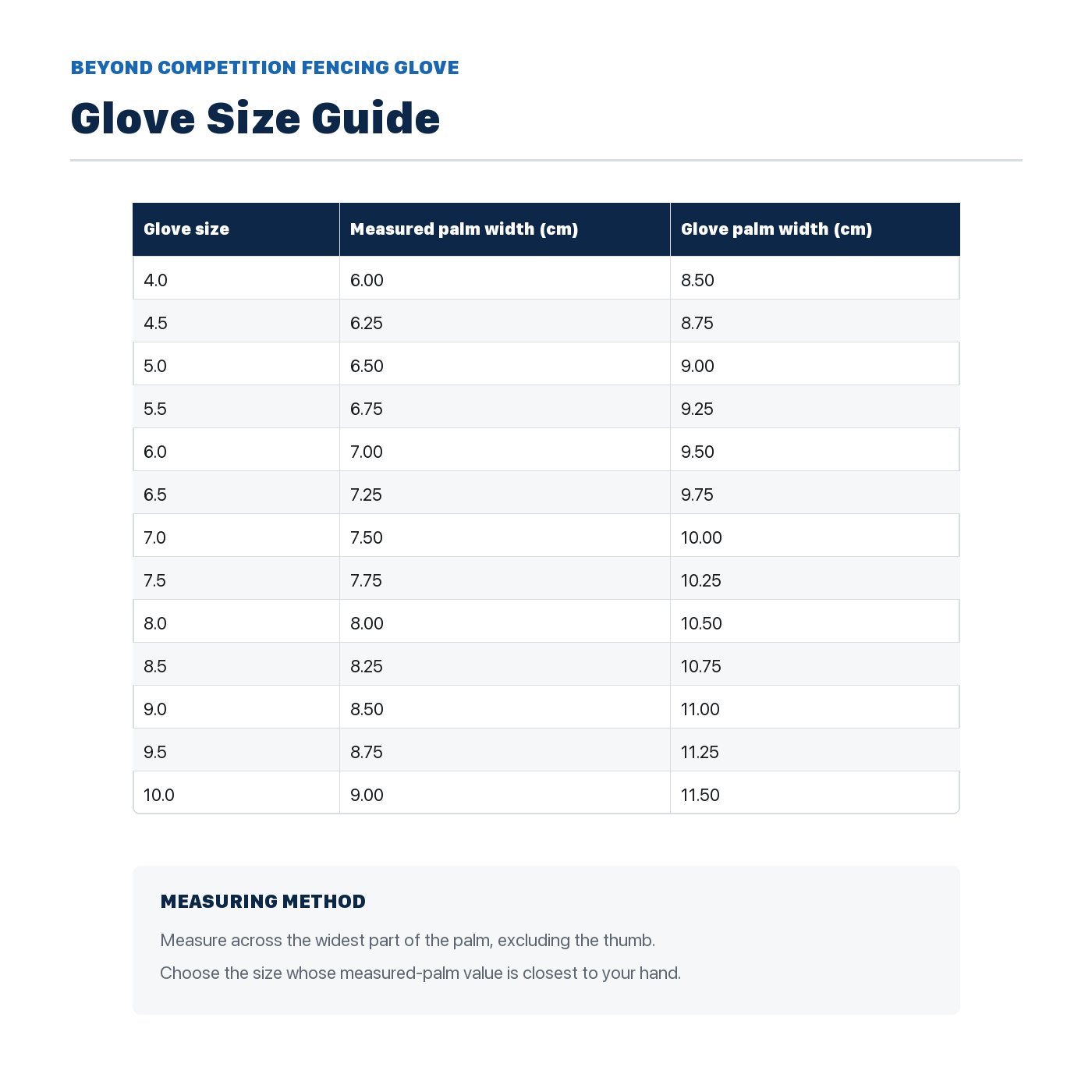 Beyond fencing glove palm width size guide